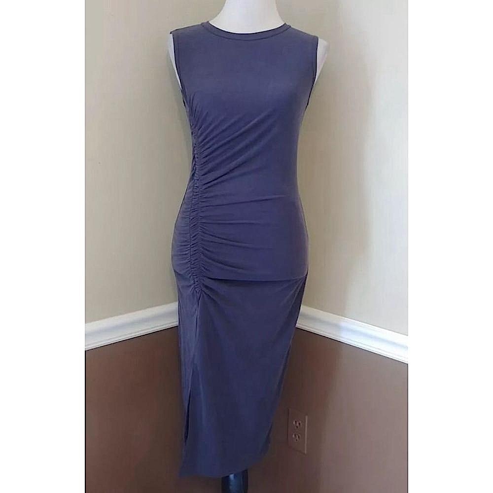 Dark Gray Ruched Side Soft Stretch Form Fitting Knit Modcloth Dress by Mystic